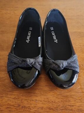 Carter's Black Patent Josie Ballet Flats with Glitter Bow Accent Size 13